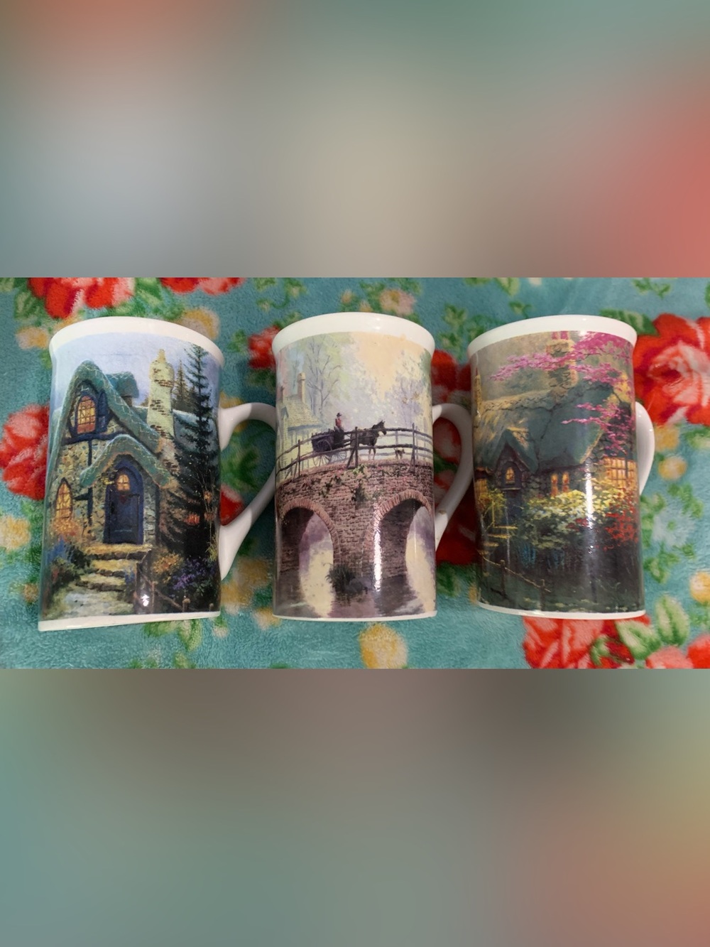 Set 3 Thomas Kinkade Slim Ceramic Coffee Mugs 2003 10oz